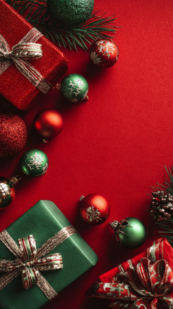 Colorful presents are arranged on a red background, adorned with holiday decorations like pine cones and shiny ornaments. The scene creates a joyful festive atmosphere..の素材