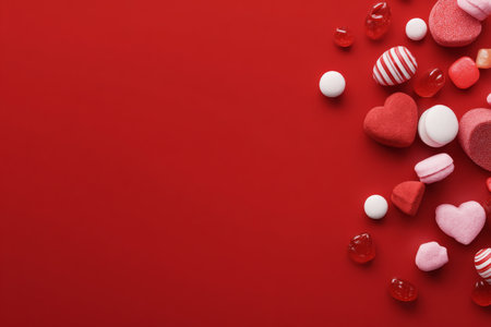 Red and pink heart-shaped candies surround a spiral candy on a bold red surface, creating a cheerful and festive appearance ideal for celebrations or events..の素材