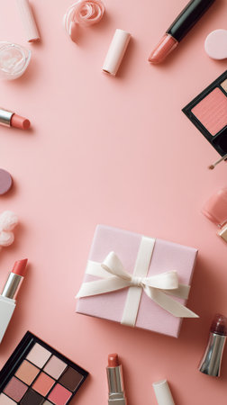 A variety of makeup items such as lipsticks and eyeshadows are arranged around a pink gift box with a ribbon. The scene evokes a festive and cheerful atmosphere for a celebration.の素材