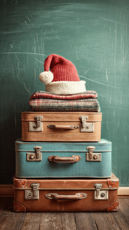 Stacked vintage suitcases hold cozy blankets topped with a festive red hat. A chalkboard serves as the backdrop, evoking a warm holiday atmosphere.の素材