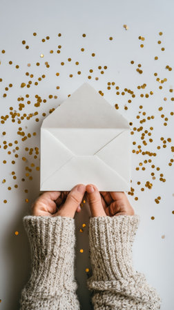 A person holds a plain white envelope with both hands. Golden confetti is scattered across the white background, creating a festive atmosphere..の素材