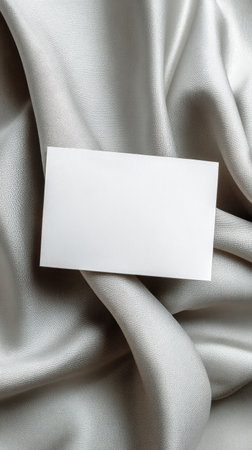 A blank business card lies on smooth silver fabric, showcasing clean lines and a minimalist design. The soft texture of the fabric contrasts with the cards crisp edges.の素材
