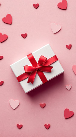 A white gift box with a bright red ribbon is centered among scattered heart shapes in various sizes on a soft pink background. This scene celebrates love and joy..の素材