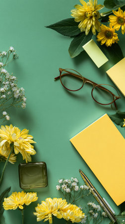 A table is arranged with yellow envelopes, a pencil, fresh white and yellow flowers, and a glass. This setup invites creativity and a positive working mood..の素材