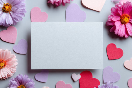 Bright red background features white blank card surrounded by colorful heart shapes and fresh flowers, perfect for crafting personalized messages for special occasions or celebrations..の素材