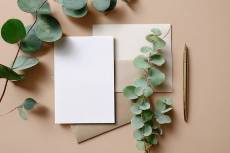 A stylish arrangement features two white envelopes, a gold pen, and fresh eucalyptus leaves on a soft beige surface, creating a serene and inviting workspace..の素材