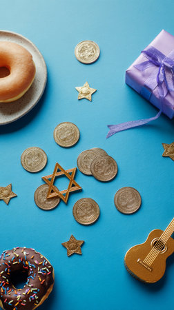Colorful celebration scene features gold coins, a star symbol, a small guitar, and sweets arranged on a blue surface with vibrant decorations..の素材