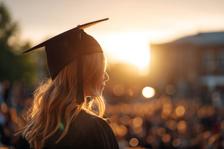 A graduate stands in profile, wearing a cap, looking towards the sunset. The warm glow highlights her expression as friends and family gather in the background, celebrating the milestone..の素材