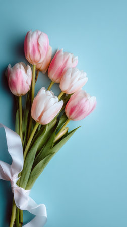 A beautiful bouquet of pink and white tulips is tied together with a ribbon, resting gently on a light blue background. The flowers showcase a delicate blend of colors.の素材