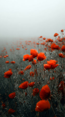 Bright red poppies stand tall in a misty meadow as early morning light breaks through. The serene setting includes a blurred forest backdrop, enhancing the flowers beauty..の素材