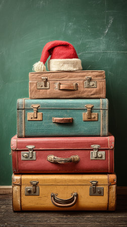 A charming arrangement of colorful vintage suitcases piled on top of one another, topped with a red Santa hat, creating a festive holiday atmosphere in a rustic setting.の素材