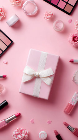 A beautifully wrapped pink gift box sits at the center, surrounded by various pink lipsticks, makeup palettes, and floral accents, creating a charming beauty-themed scene.の素材