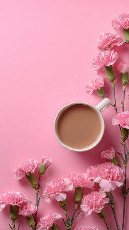 A warm cup of coffee sits on a soft pastel pink surface, surrounded by delicate pink flowers. This setup creates a calm and inviting morning scene without distractions.の素材