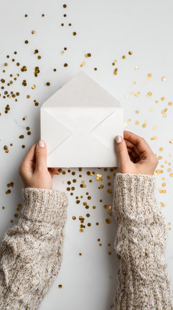 A person holds a plain white envelope with both hands. Golden confetti is scattered across the white background, creating a festive atmosphere.の素材