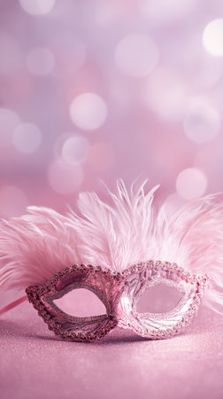A vibrant pink mask adorned with feathers sparkles against a soft, blurred background. Perfect for a carnival or celebration, it adds a touch of glamor and fun..の素材