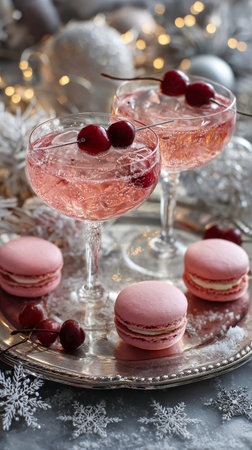 Two shimmering pink cocktails are served in crystal glasses, garnished with berries. Nearby, light pink macaroons sit on a silver tray amidst festive decorations..の素材