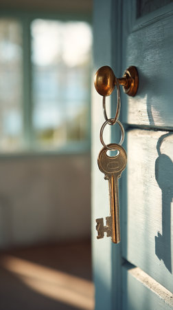 A golden key hangs from a door handle, casting a shadow on a blue door. Sunlight fills the room, creating a calm and inviting atmosphere, perfect for relaxation or exploration.の素材