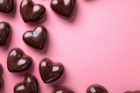 Dark chocolate heart-shaped candies are scattered on a soft pink background, creating a festive atmosphere perfect for celebrations and gifts.の素材