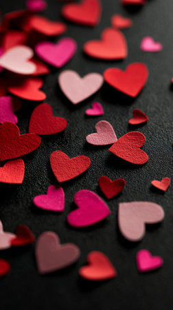 Heart-shaped decorations in various shades of pink and red float gently against a black backdrop, creating a vibrant atmosphere for celebrations like Valentines Day or anniversaries..の素材