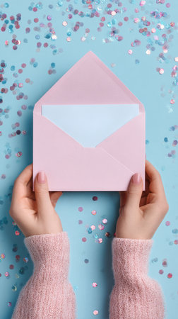 Two hands hold gently a pink envelope, the interior lined with glitter, amidst scattered confetti on a soft blue surface, creating a festive atmosphere..の素材