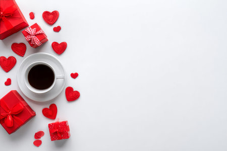 A cozy scene featuring a cup of coffee surrounded by red heart decorations and colorful gift boxes, perfect for celebrating love and affection on Valentines Day..の素材