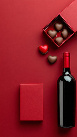 A bottle of red wine is placed next to a gift box filled with heart-shaped chocolates. The scene emphasizes a romantic theme with rich red colors, ideal for special occasions.の素材