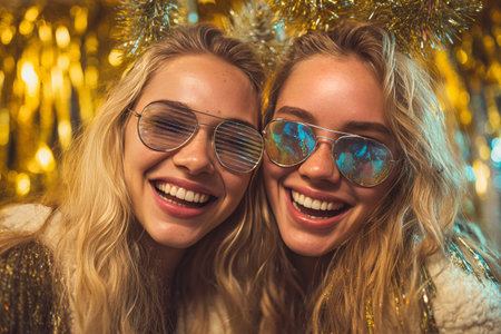 Two young women share joyful smiles while wearing stylish sunglasses in a bright, festive atmosphere adorned with golden decorations, creating a lively mood.の素材