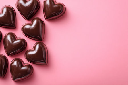 Dark chocolate heart-shaped candies are scattered on a soft pink background, creating a festive atmosphere perfect for celebrations and gifts..の素材
