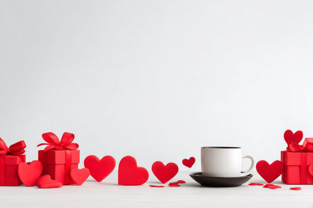 Red gift boxes and heart shapes surround a white cup on a saucer. This simple arrangement creates a romantic atmosphere, perfect for a special occasion centered on love.の素材