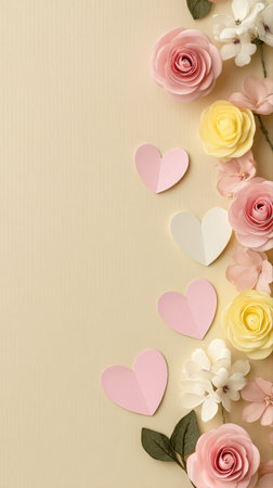 Soft pastel flowers and paper hearts create a romantic atmosphere. Ideal for celebrations like weddings or anniversaries, this scene brings warmth and joy to any setting..の素材