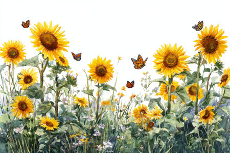 Bright yellow sunflowers sway in a sunny garden, accompanied by fluttering butterflies. The lush greenery adds life to this colorful outdoor setting on a clear day..の素材