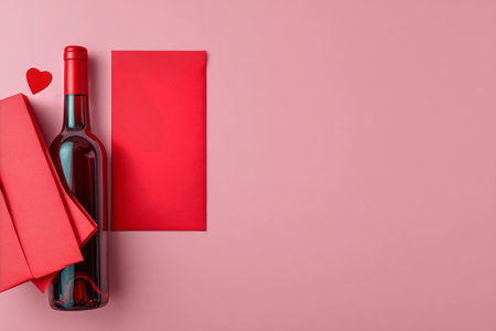 A red envelope sits next to a bottle of rose wine on a soft pink surface, ideal for gifting on celebrations or holidays. Perfect for expressing love or friendship..の素材