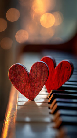 Two wooden hearts sit on a piano keyboard, illuminated by a soft glow. The scene is warm and inviting, perfect for a romantic or heartfelt moment.の素材
