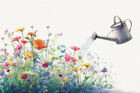 Bright flowers in various colors are being watered by a green watering can. The scene captures a beautiful garden filled with vibrant blooms and fresh greenery..の素材