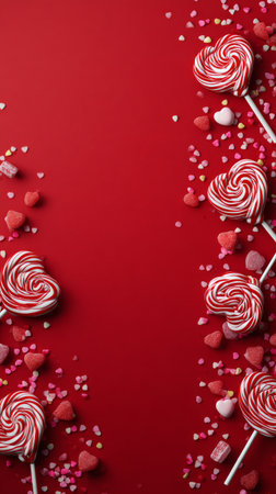 Bright heart-shaped lollipops and various red candies are arranged on a bold red surface, creating a cheerful and festive atmosphere perfect for celebrations.の素材