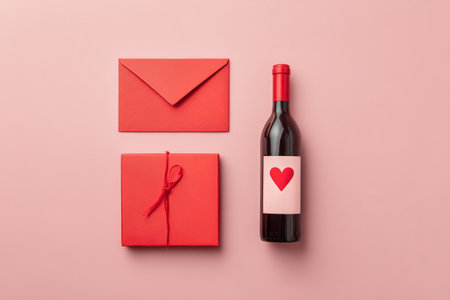 A red envelope, a bottle, a small gift box with a ribbon, and a heart shape are arranged on a soft pink background, perfect for a special occasion or celebration..の素材