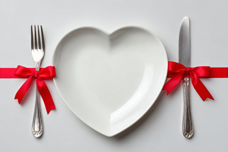 A heart-shaped plate rests on a clean table, flanked by a fork and knife. Both utensils are embellished with red ribbons, creating a festive and romantic dining setting.の素材