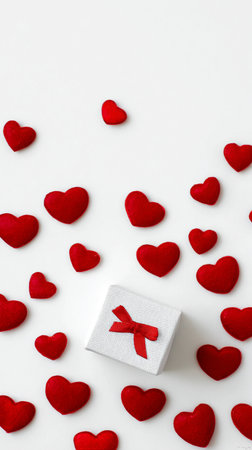 A bright red gift box sits on a white surface, surrounded by small red heart decorations. This setup is ideal for romantic events, celebrations, or special moments..の素材