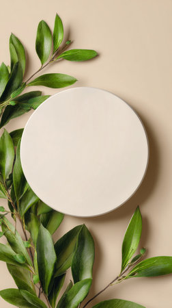 A smooth round surface is placed at the center, surrounded by various green leaves on a soft, neutral background. The scene conveys tranquility and natural beauty..の素材