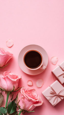 A cup of black coffee sits on a soft pink plate beside pink roses and small wrapped gifts, creating a cozy scene perfect for a romantic celebration or special occasion.の素材