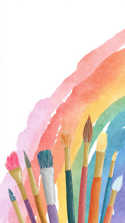 Bright paintbrushes in various sizes and colors are set against a soft rainbow background, showcasing tools ready for creativity and artistic expression in any art project.の素材