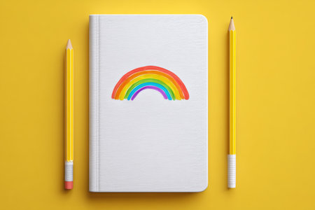 A vibrant notebook features a rainbow design resting on a bright yellow surface. A pencil and a round ball add a playful touch to the scene, enhancing the cheerful atmosphere..の素材