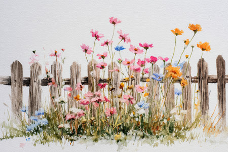 Bright flowers in shades of purple, yellow, and blue grow vibrantly in front of a rustic white picket fence, creating a cheerful scene in a sunny garden during springtime..の素材