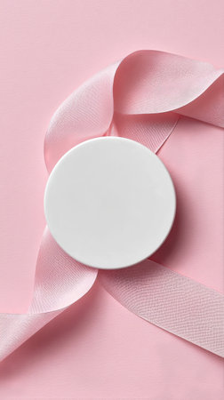 A circular white container is placed on a soft pink surface. A delicate pink ribbon elegantly wraps around the container, creating a charming and minimalistic display.の素材