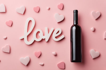 A red wine bottle stands centered on a pink background, surrounded by soft pink and red hearts. This scene is perfect for couples nights, anniversaries, or Valentines Day celebrations..の素材