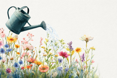 A green watering can pours water onto a blooming garden filled with various colorful flowers under clear blue skies. The scene captures the beauty of nature and gardening.の素材