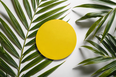 A bright yellow circle rests in the center, framed by lush green palm leaves. The scene is simple and vibrant, highlighting the contrast between colors and shapes..の素材