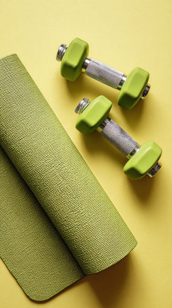 Two bright green dumbbells rest beside a rolled-up green yoga mat on a vibrant yellow background, highlighting fitness and exercise equipment for home workouts.の素材