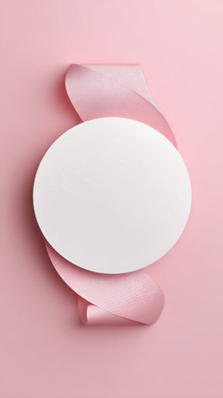 A round blank badge features a delicate pink ribbon, placed on a soft pink background, ideal for personal messages or decoration for various events..の素材