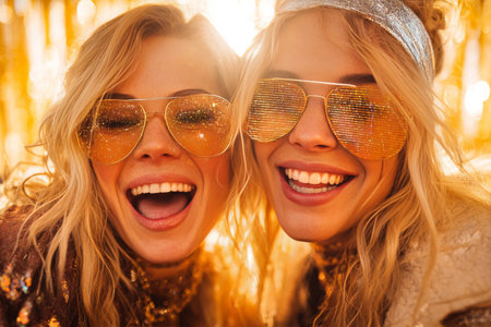 Two friends enjoy a cheerful moment together at a festive party, donning sunglasses and adorned with shiny decorations, radiating joy and excitement..の素材